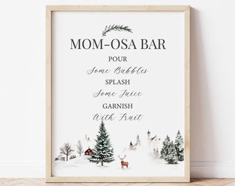 Placa para bar Mom Osa para imprimir, estação de bebidas para chá de bebê de inverno, decoração de festa com bar de mimosas para download instantâneo.