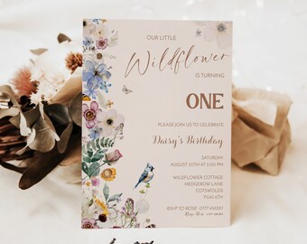 Little Wildflower Birthday Invitation One, Wildflower First, Floral Birthday One, 1st Wild One Invite Kids Birthday Invite First bd13