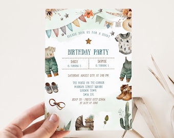 Editable CowBoy CowGirl Birthday Invitation, Join Kids Party invite, Wild West Western Rodeo Party Invite, Little Cowboy Southwestern bd09e