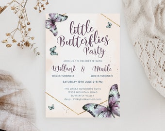 Purple Butterfly Digital Invitation, Joint Birthday Little Butterflies Invite, Sibling Invite, Gold Sisters Party Editable Template bd15