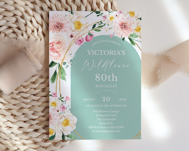 80th Birthday Invitation Template for Women, Editable Age Floral Invite
