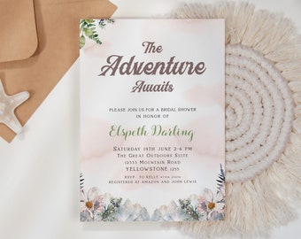 Bridal Shower Invitation Adventure Awaits, Bride Travel Shower Invitation, Mountain Wild Flowers Template, Adventurous Bride to Be NP1