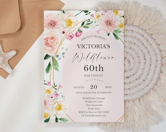Floral 60th Birthday Invite, Sixty Party, Adult Celebration, Wildflower Invitation Digital, Wild flower Girl Garden Party Invite, arch bd19