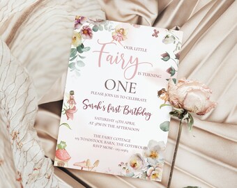 Fairy First Birthday Invitation Template, Editable Enchanted Forest Girl Invite, Princess Garden Party Printable, Blush Pink Butterfly BD16