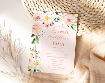 Wildflower 90 Birthday Invitation, Ninety Party Floral Invite, Floral Garden Party Template, Womens Birthday Flower Invite 90 th Lunch BD19