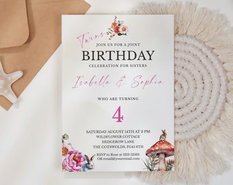 Twins Floral Birthday Invite, Girls Birthday Floral Invitation, Forest and Flowers Birthday Party, Girls Joint Party invite Sisters BD21