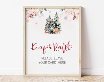 Winter Theme Diaper Raffle Sign, Printable non editable Table decor, Christmas Baby Shower Decor, Pine Tree Sign, New Mom Pregnancy BBS004