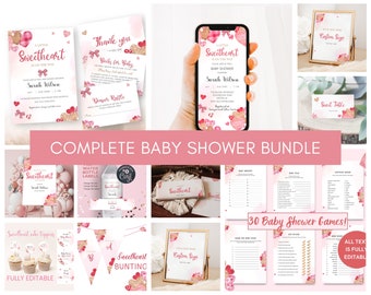 Little Sweetheart Baby Shower Bundle, Editable Valentines Baby Shower Games Bundle, Hearts February a little Sweet heart Invite 021