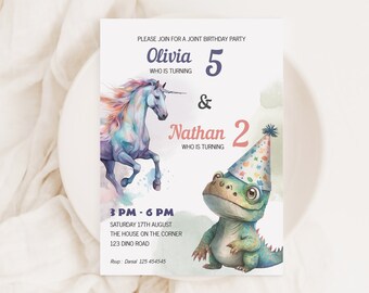 Sibling Birthday Dinosaur Invitation, Unicorn Invitation, Joint Unisex Birthday Invite, Joint Birthday T-Rex, Editable Double Invite BD10