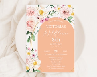 Girls 8th Birthday, Wildflower Birthday Invitation Digital, Peach Floral invite, Wild flower Girl Garden Party Invite, Instant download bd19