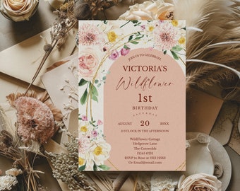 1st Birthday Blush Pink Wildflower Invitation, Invitation Template, Gold Wild flower Girl Garden Party Invite, Arch Floral First Baby BD19