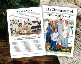Christmas Newspaper, Newsletter Printable Card Template, Holiday Year in Review Card, Christmas Card with Photo, Editable Photo Holiday Card