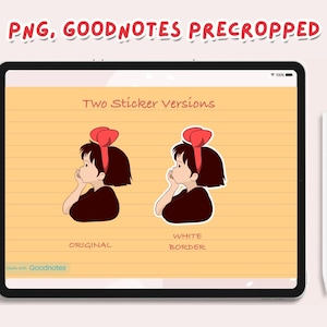 May include: Two versions of a digital sticker featuring a cartoon girl with red hair and a red bow. The sticker on the left is the original version, and the sticker on the right has a white border. The text "Two Sticker Versions" is at the top of the image, and the text "Original" and "White Border" are below the stickers.