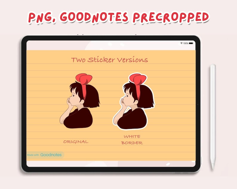 May include: Two versions of a digital sticker featuring a cartoon girl with red hair and a red bow. The sticker on the left is the original version, and the sticker on the right has a white border. The text "Two Sticker Versions" is at the top of the image, and the text "Original" and "White Border" are below the stickers.