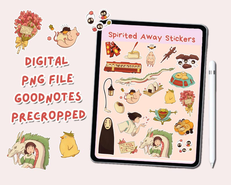 May include: Digital stickers featuring characters and scenes from the animated film Spirited Away. The stickers are pre-cropped and ready to use in Goodnotes.
