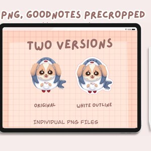 May include: Two versions of a digital sticker featuring a cartoon dog wearing a shark costume. The sticker on the left is in color, while the sticker on the right has a white outline. Both stickers have the text "TWO VERSIONS" above them and "ORIGINAL" and "WHITE OUTLINE" below them.