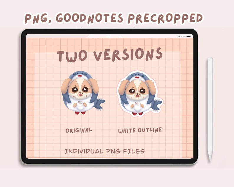 May include: Two versions of a digital sticker featuring a cartoon dog wearing a shark costume. The sticker on the left is in color, while the sticker on the right has a white outline. Both stickers have the text "TWO VERSIONS" above them and "ORIGINAL" and "WHITE OUTLINE" below them.