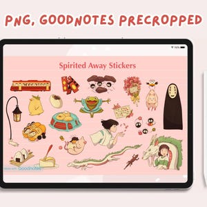 May include: A digital illustration of stickers featuring characters and objects from the animated film Spirited Away. The stickers include a train, a frog, a spirit, a girl with long black hair, and a dragon. The text "Spirited Away Stickers" is at the top of the image.