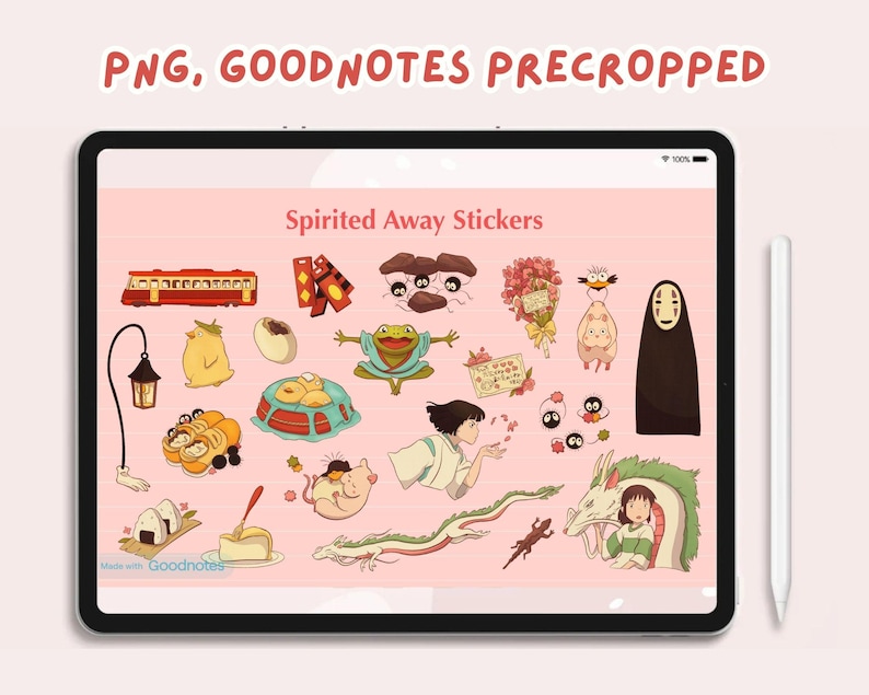 May include: A digital illustration of stickers featuring characters and objects from the animated film Spirited Away. The stickers include a train, a frog, a spirit, a girl with long black hair, and a dragon. The text "Spirited Away Stickers" is at the top of the image.