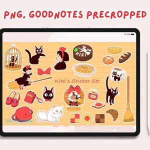 May include: A set of digital stickers featuring characters and objects from the animated film Kiki's Delivery Service. The stickers are in a cartoon style and include Kiki, Jiji, the bakery, and other iconic elements from the film. The stickers are designed for use in digital note-taking apps like GoodNotes.