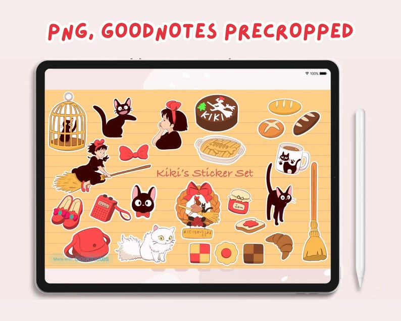 May include: A set of digital stickers featuring characters and objects from the animated film Kiki's Delivery Service. The stickers are in a cartoon style and include Kiki, Jiji, the bakery, and other iconic elements from the film. The stickers are designed for use in digital note-taking apps like GoodNotes.