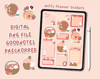 Miffy Planner Digital Stickers: Spring Strawberry Bunny Art, Kawaii (PNG and Goodnotes Files)