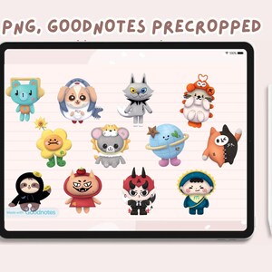 May include: A set of 11 digital stickers featuring cute cartoon animals and characters. The stickers are in various colors, including blue, red, green, yellow, and orange. The stickers are perfect for adding a touch of whimsy to your digital planner, notes, or other digital projects.