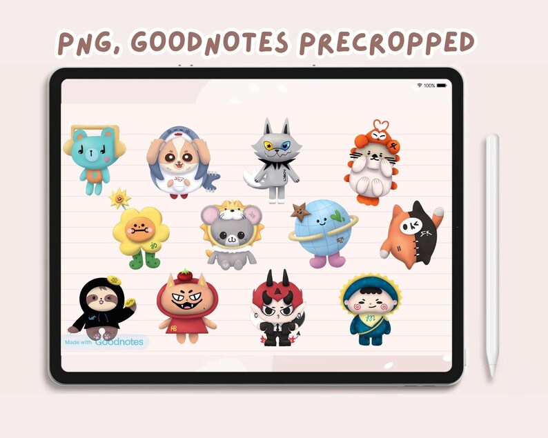 May include: A set of 11 digital stickers featuring cute cartoon animals and characters. The stickers are in various colors, including blue, red, green, yellow, and orange. The stickers are perfect for adding a touch of whimsy to your digital planner, notes, or other digital projects.