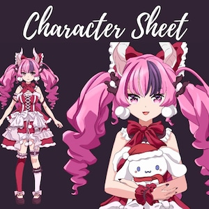 May include: A pink-haired anime character wearing a red and white Christmas dress with a white bow and a white collar. She is holding a white plush toy with a red Santa hat. The character has pink pigtails and a black and pink color scheme.