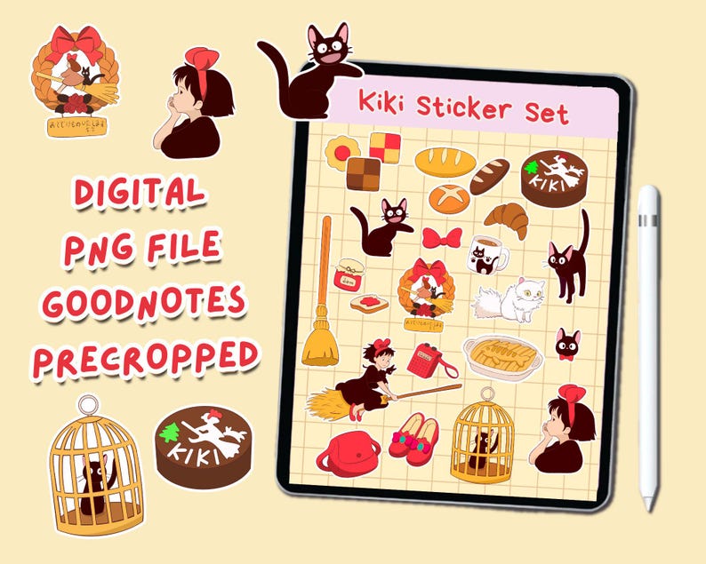 Kiki's Delivery Service Digital Stickers: Studio Ghibli Anime, Kawaii (PNG and Goodnotes Files) image 1