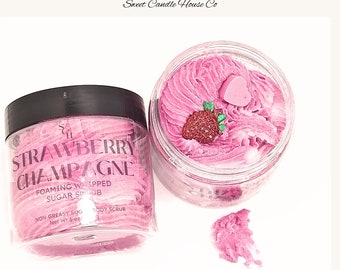 Exfoliating sugar scrub, sugar scrub, natural body scrub, Whipped soap scrub, Strawberry Champagne body scrub foaming sugar scrub