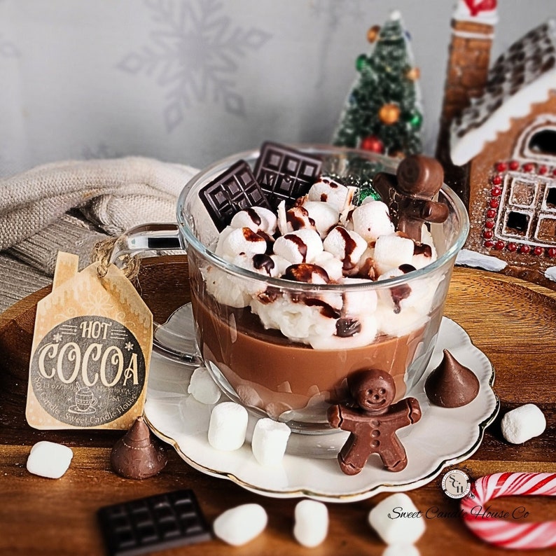 Chocolate candle, hot cocoa candle, mug candle gift dessert candle, hot cocoa bar, Christmas candle, hot chocolate gift, marshmallow candle image 1