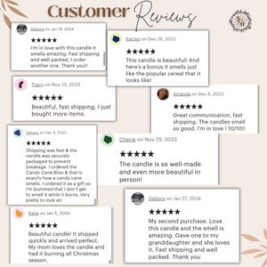 May include: Customer reviews for a candle with a five-star rating. The reviews highlight the candle's beautiful scent, fast shipping, and secure packaging. One review mentions the candle smells like a popular cereal.