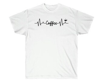 Camiseta de batimento cardíaco de café, camiseta de café, camisa de café engraçada, camisa com slogan de café