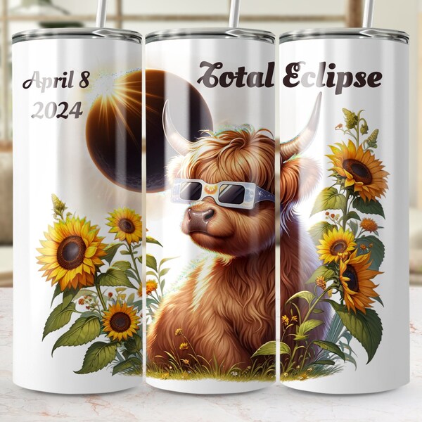 Total Eclipse April 8, 2024 - 20oz Tumbler Wrap Highland Cow Design, Sunflower Eclipse Illustration, 300ppi Straight and Tapered Graphics