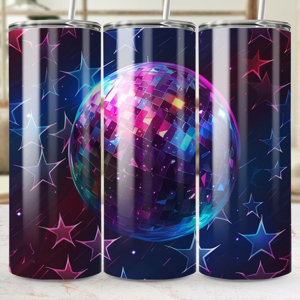 20oz Tumbler Wrap, Disco Ball Design, Skinny Tumbler, High-Resolution 300ppi PNG, Starry Night Sky, Colorful Reflections