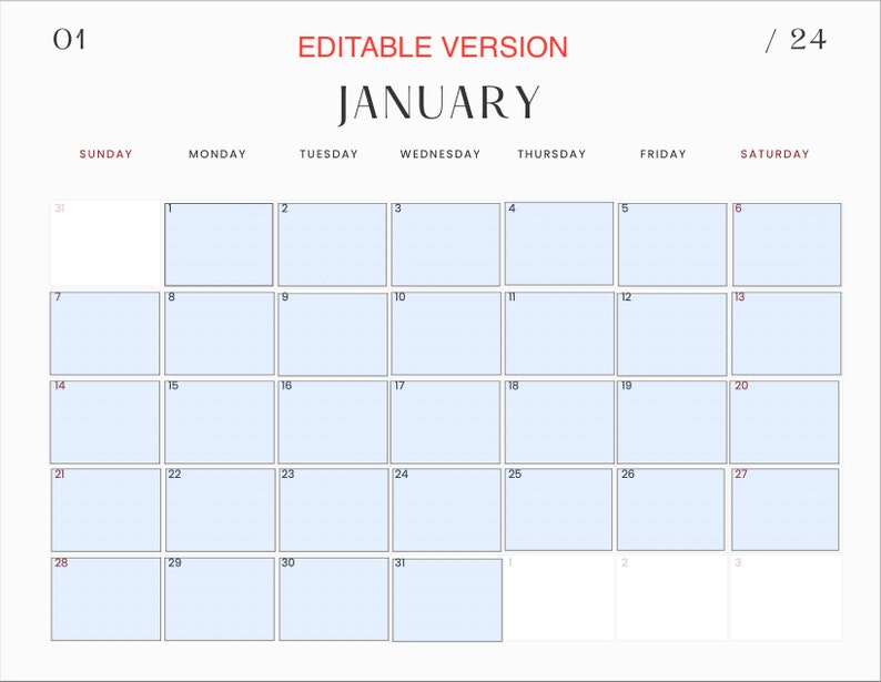 Basic 2024 Editable Calendar Printable Calendar Letter Size Etsy