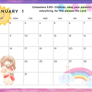 Calendario cristiano infantil 2025 con versículos bíblicos / Calendario imprimible y editable / Tamaño carta