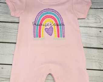 Baby girls ruffle back pink summer romper with rainbow Promise Keeper