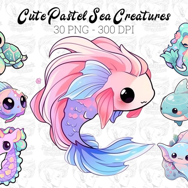 Cute Pastel Sea Creatures PNG Bundle - 30 Transparent Images, 300 DPI for Invitations, Planner Decor, Stickers & More