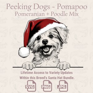 Pode incluir: Uma ilustração em preto e branco de um cão pequeno usando um chapéu de Papai Noel vermelho. O cão está olhando por cima de uma superfície branca. O texto "Peeking Dogs - Pomapoo Pomeranian + Poodle Mix" está no topo da imagem. O texto "Lifetime Access to Variety Updates Within this Breed's Santa Hat Bundle." está abaixo do cão. O texto "SVG PNG JPG" está na parte inferior da imagem.