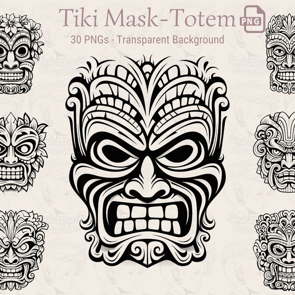 Tiki Mask Totem Bundle - 30 Images PNG, 300 DPI, Fond Transparent - Planificateur, Invitations, Autocollants, Impression à la demande