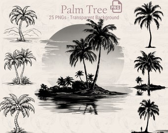 Palm Tree Bundle - 25 PNG Images, 300 DPI, Transparent Background - Planner, Invitations, Stickers, Print on Demand