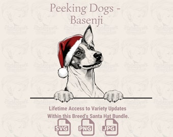 Basenji Christmas Clipart: Peeking Dog Santa Hat (SVG, PNG, JPG)