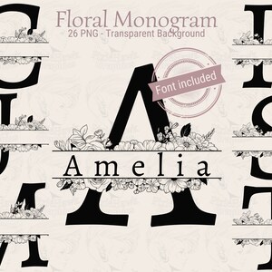 May include: Floral monogram letters with a black outline and white flowers. The letters are in a bold font and the name Amelia is written below the letter A. The text "Floral Monogram" and "26 PNG - Transparent Background" is at the top of the image. The text "Font included" is in a circle with a pink background.
