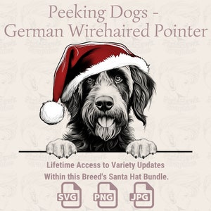 May include: A black and white illustration of a German Wirehaired Pointer wearing a Santa hat. The dog is peeking over a horizontal line. Text above reads "Peeking Dogs - German Wirehaired Pointer". Below the line are file type icons and text.