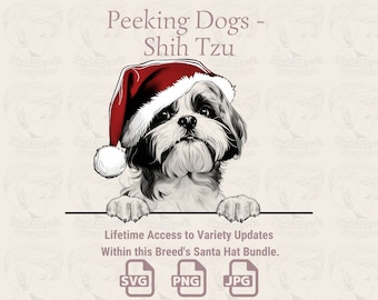 Op de afbeelding: Een zwart-witte illustratie van een Shih Tzu hond die een rode kerstmanmuts met een witte pompon draagt. De hond kijkt over een wit oppervlak. De tekst "Peeking Dogs - Shih Tzu" staat boven de hond. De tekst "Lifetime Access to Variety Updates Within this Breed's Santa Hat Bundle." staat onder de hond. De tekst "SVG PNG JPG" staat onder de tekst.