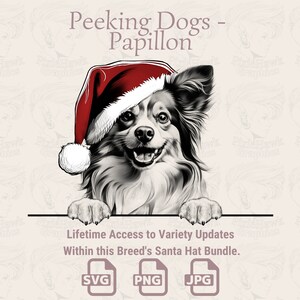 Espreitando cães Papillon Santa Hat - | SVG | PNG | JPG | Muitas variações – Planner, convites, adesivos, impressão sob demanda