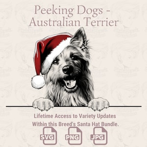 Espreitando cães Terrier australiano Santa Hat - | SVG | PNG | JPG | Muitas variações – Planner, convites, adesivos, impressão sob demanda