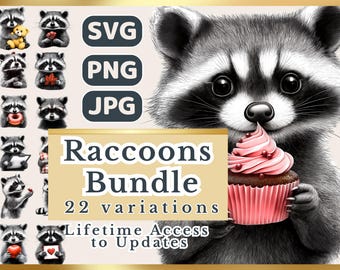 Raccoon Graphics Bundle - 22 Cute Woodland Clipart for print on demand, DIY Crafts, Cards, Gifts - Instant Download
